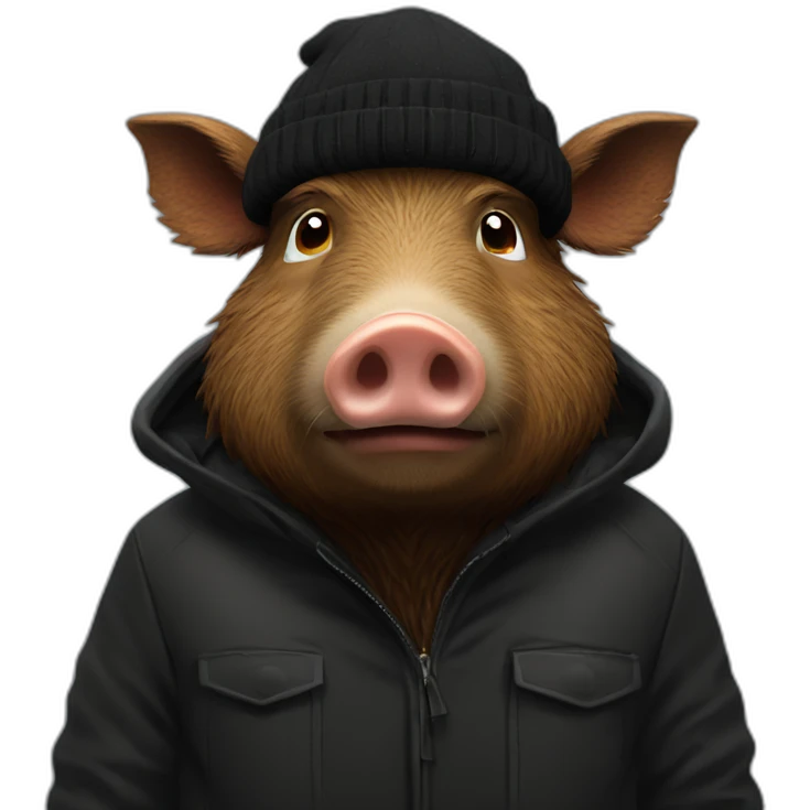 fullface wild tired brown boar in a black jacket and a black winter hat emoji