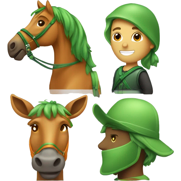 Ragazzo vestito arancione e verde che cavalca un cavallo emoji