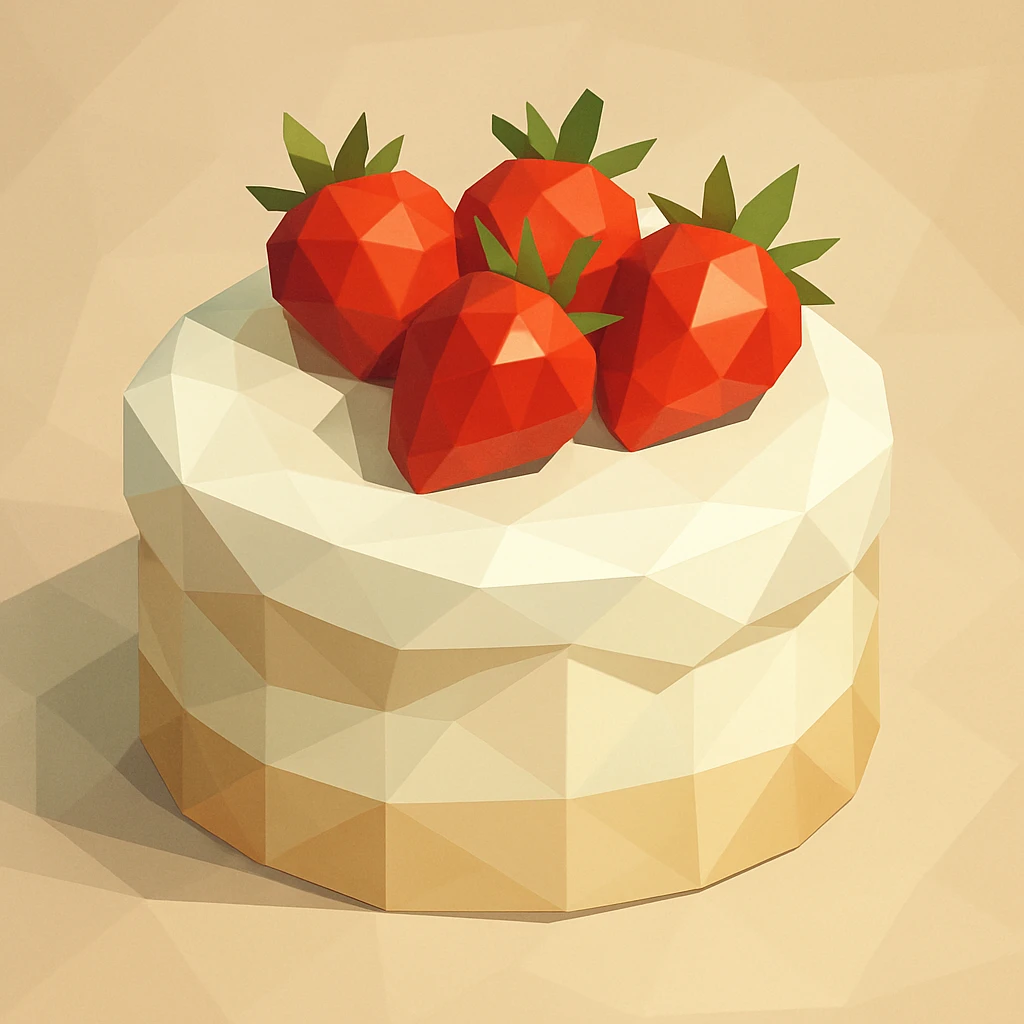white cake with strawberries on top, polygonal style emoji