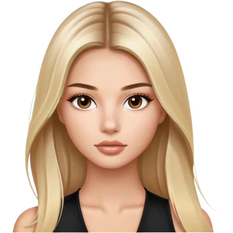 victoria’s secret model with long light blonde straight balayage hair, small dark brown almond eyes, oval face, small lips emoji