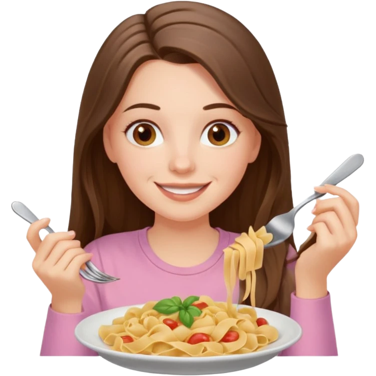 smiling white long brunette hair girl with hazel eyes in light pink with pasta emoji