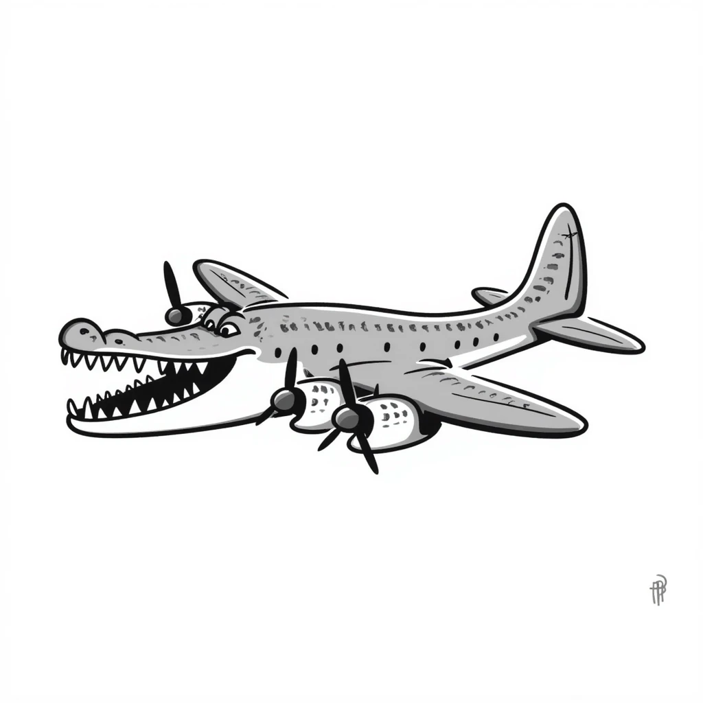 World War II bomber plane with four propeller engines that has a crocodile head and scaly reptile body, fusion of animal and machine emoji