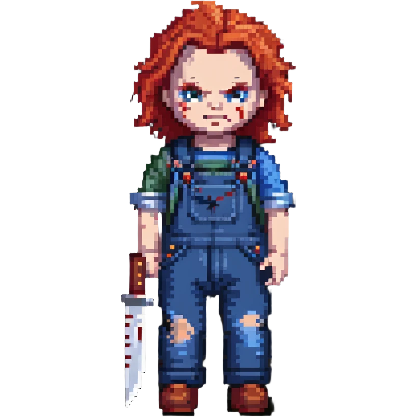 Chucky doll from Child's Play horror movie with red hair, scarred face, blue overalls and a knife emoji