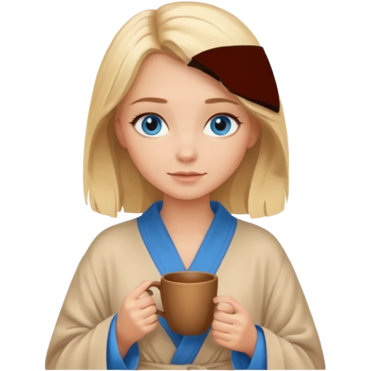 cozy blonde girl with middle length hair and blue eyes holds a brown cup in beige  robe emoji