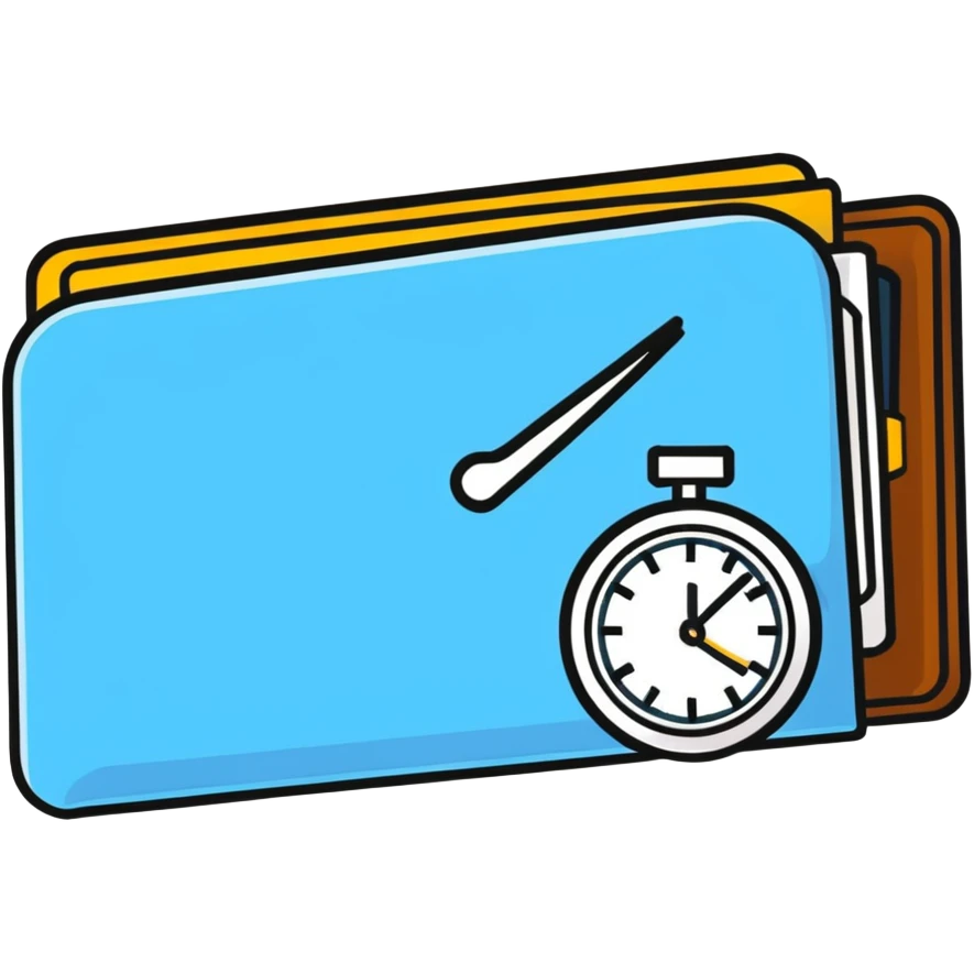 wallet with a zooming clock with motion blur in top right corner, clock with speed streaks, speedometer-style clock showing fast service emoji