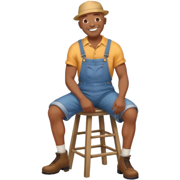Side view Laughing Old bald black man sitting on stool wearing overalls wearing hat emoji