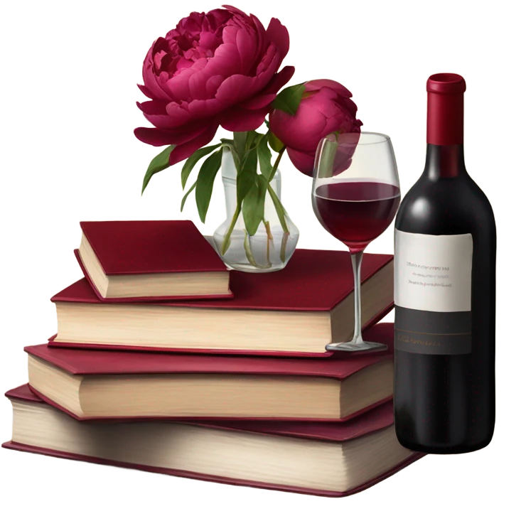 A crimson stack of books with deep red peonies and a glass of red wine emoji