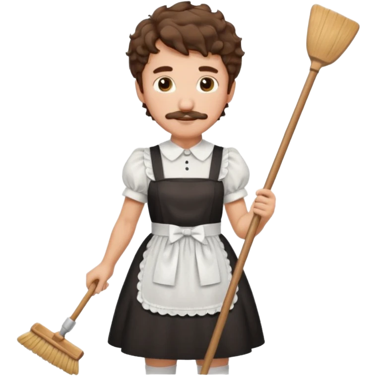 Guy with short shaggy brown hair , a curly mustache, wearing a cute maid dress, sweeping emoji