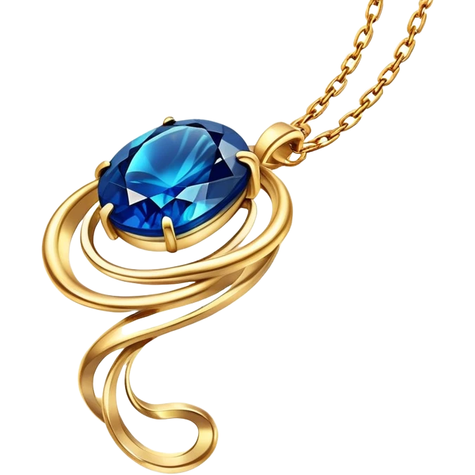 gold chain floating in midair with a glowing deep blue stone, swirling veins, shimmering like liquid gold, magical aura emoji