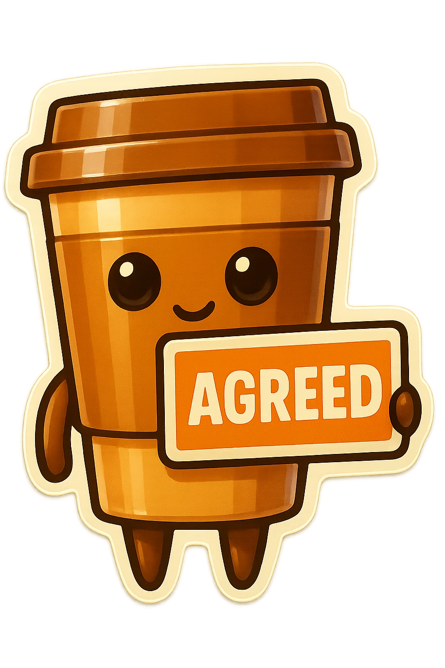 Tall coffee cup, no mouth, holding sign "agreed" emoji