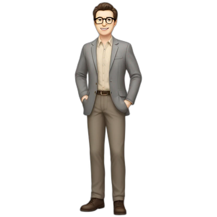 Full height Pale skinned Fit Man With dark brown hair in gray classic jacket, beige office shirt, Brown pants and vintage glasses. Thrumbs of his palms upwards emoji