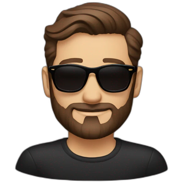 Short brown hair slicked back, brown Persol sunglasses, 3-day beard, black t-shirt. emoji