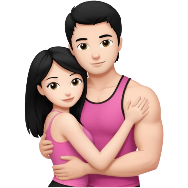 a pretty bratz fair girl. black hair, wearing a pink cami top, she is hugging a handsome fair guy with black hair. lean but muscular.the boy is wearing a black tshirt emoji