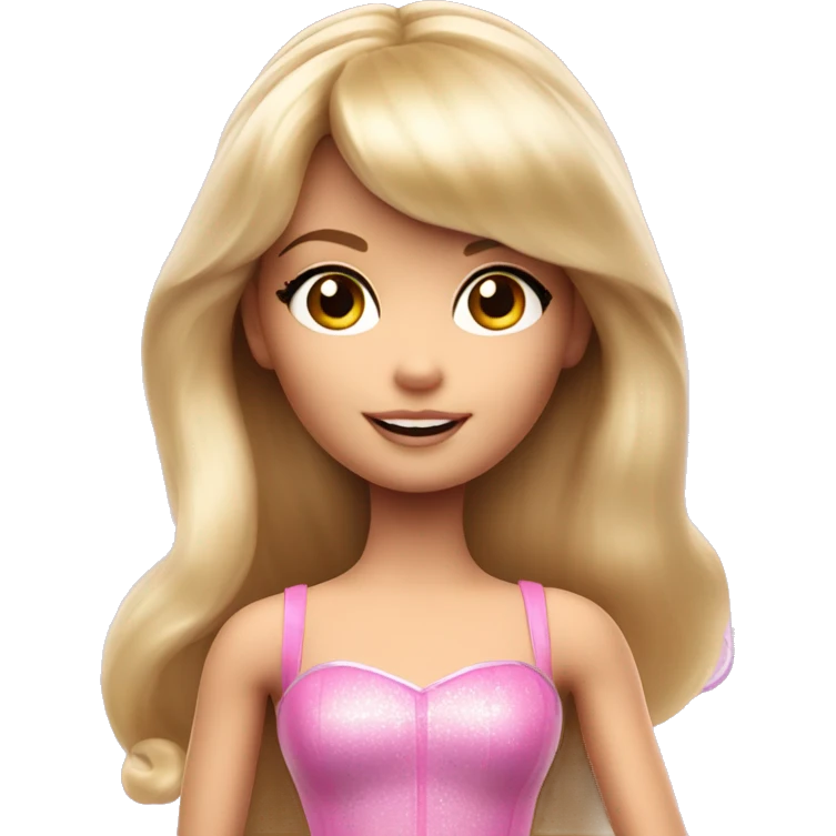 Blonde Barbie with full bangs and long hair and hazel eyes flying dressed as a fairy with a wand emoji
