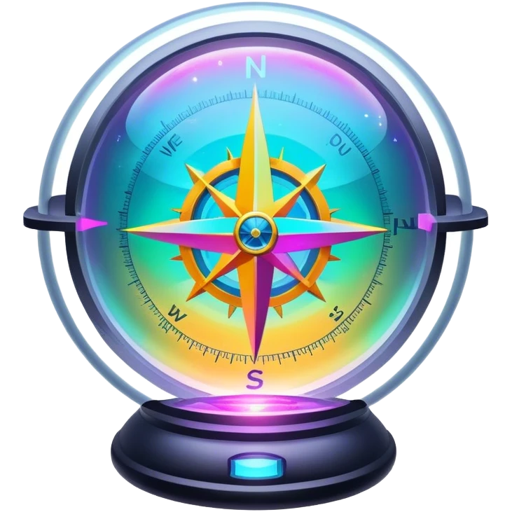 A glowing holographic compass with vibrant neon colors, inside a crystal-clear floating sphere emoji