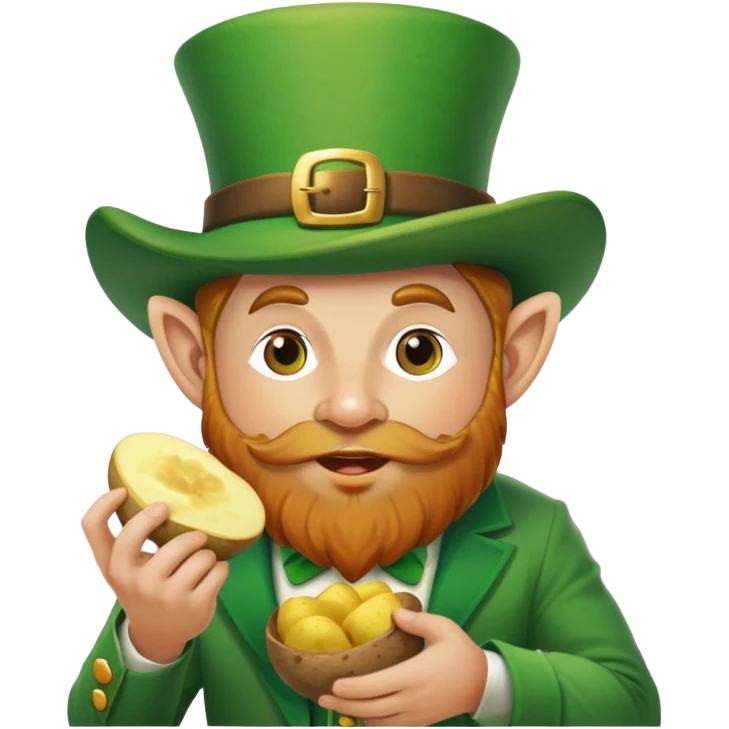 A Irish man eating a potato wearing a leprechaun outfit ￼ emoji