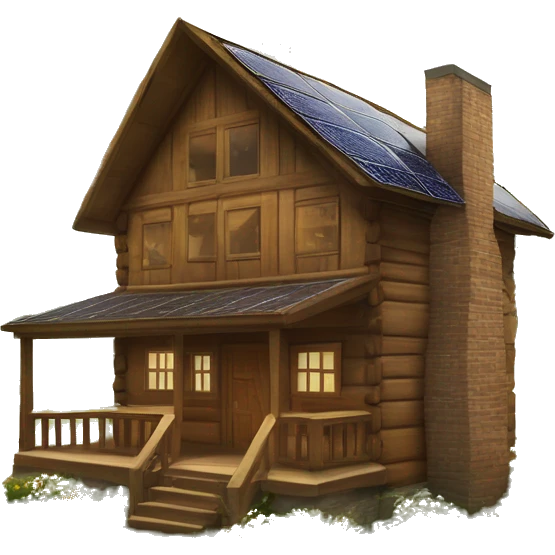 Very big Wood Cabin near tree, 5 stories tall solar, grass field  emoji