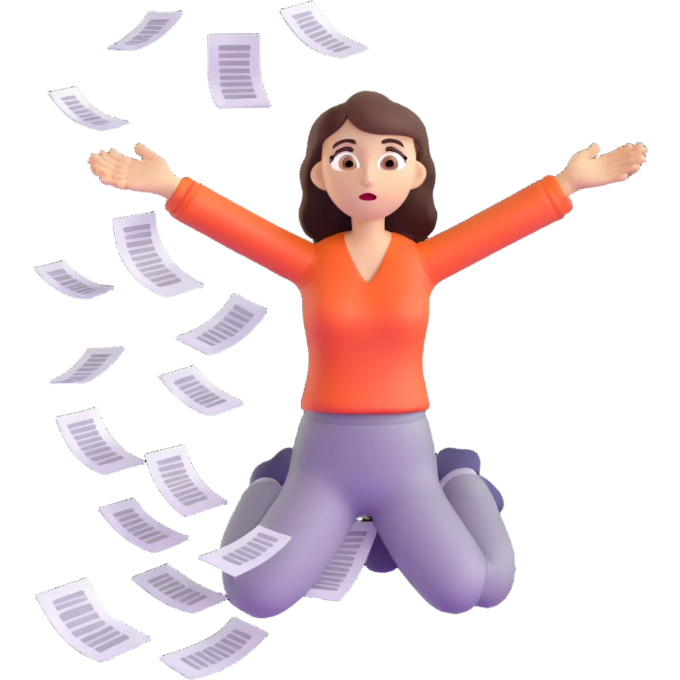 scared woman with flying papers around her emoji