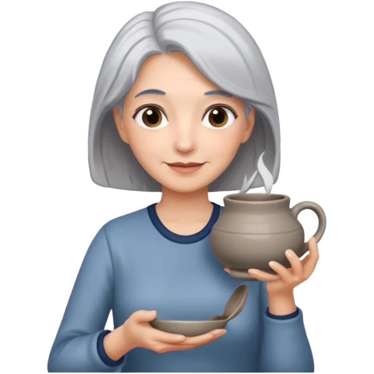 Woman with grey hair with ceramics emoji