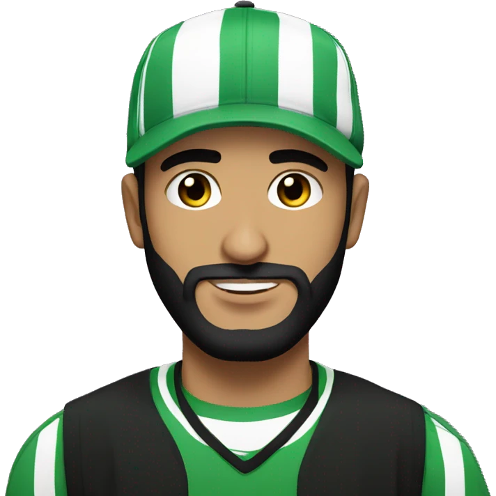 Arab guy with a black snapback and black beard, wearing a green and white striped football kit, DJing emoji