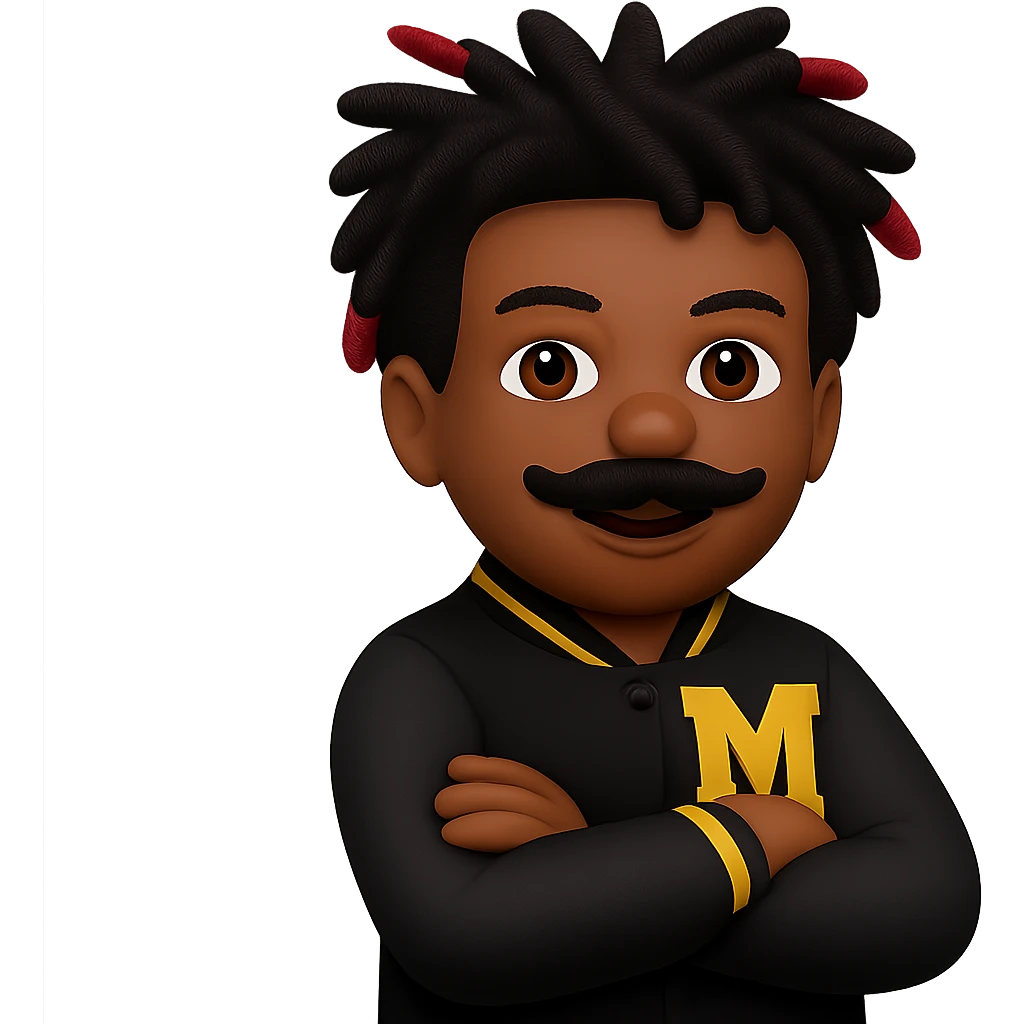 Add a mustache to the male African American emoji wearing a letterman jacket with an M on it, arms crossed and smiling. Keep the background transparent. Maintain the original style and details of the emoji. emoji