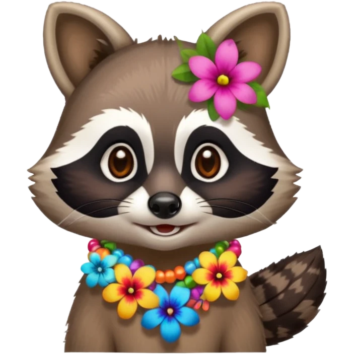 A playful raccoon wearing a hawaiian flower necklace, looking festive. emoji