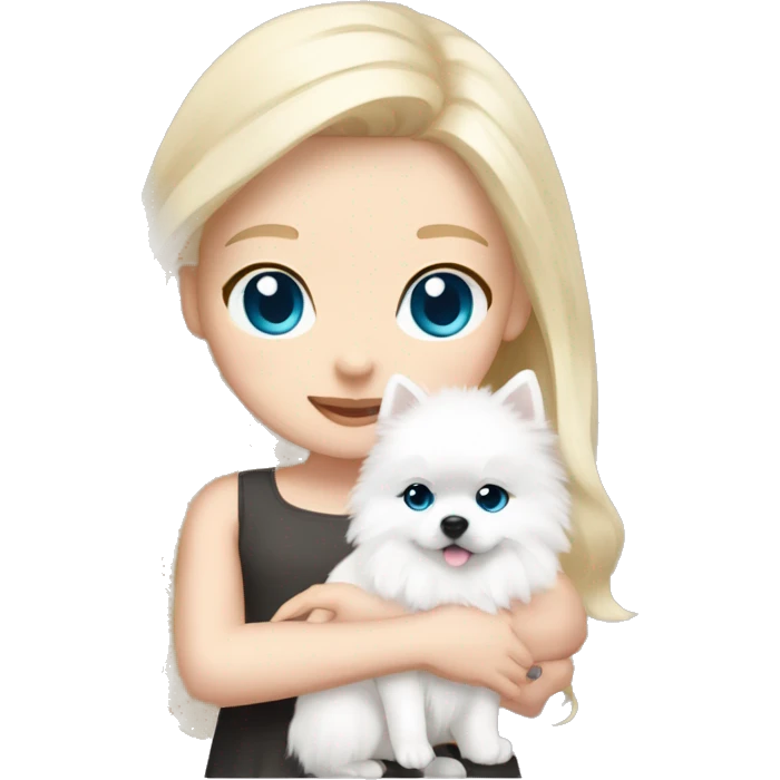 Blond girl white skin blue eyes hugging white Pomeranian with light pink bow emoji