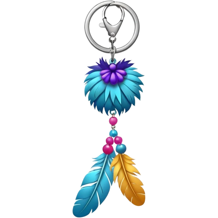 Keychain with big hanging feather and beads and Pom-poms attached    emoji