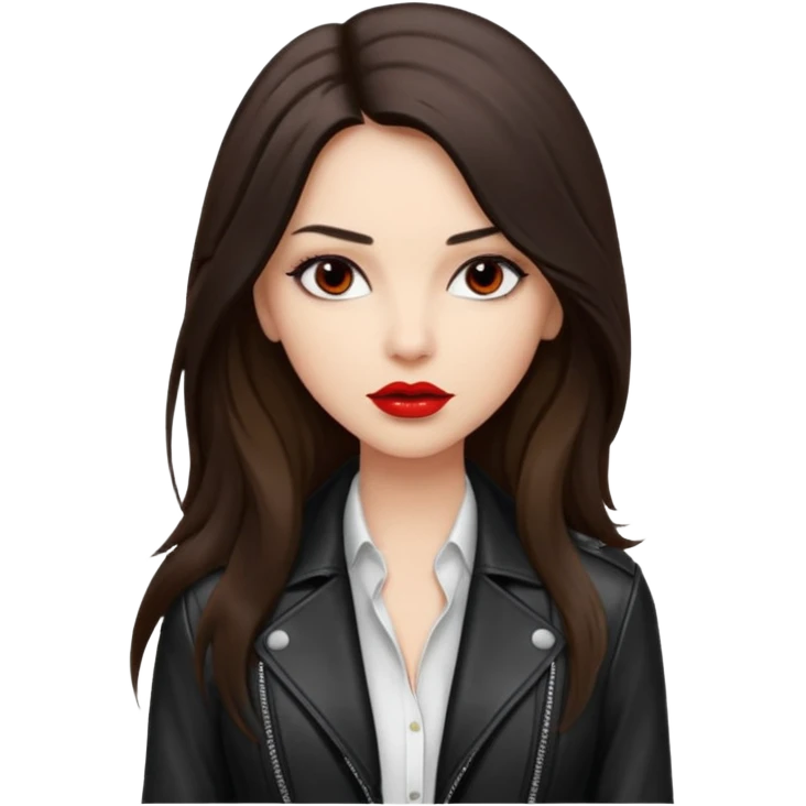brunette with very long hair in black cuir jacket with red lips and very dark brown eyes and white shirt emoji