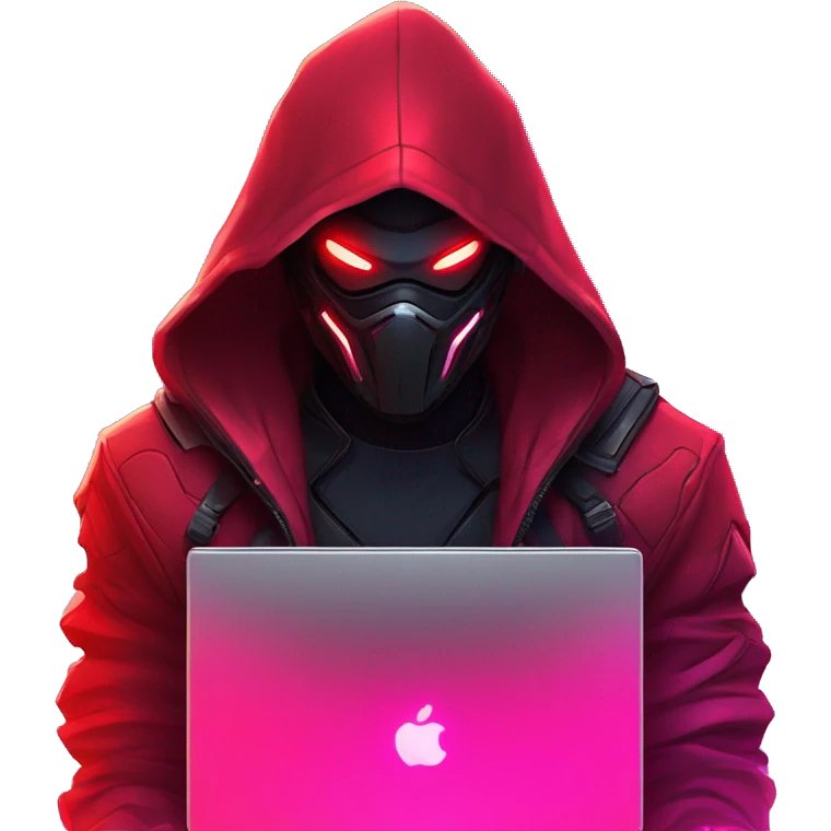 developer behind his laptop with this style : crysis Cyberpunk Riot Games Valorant neon glowing bright red character red dark black hooded assassin themed character emoji