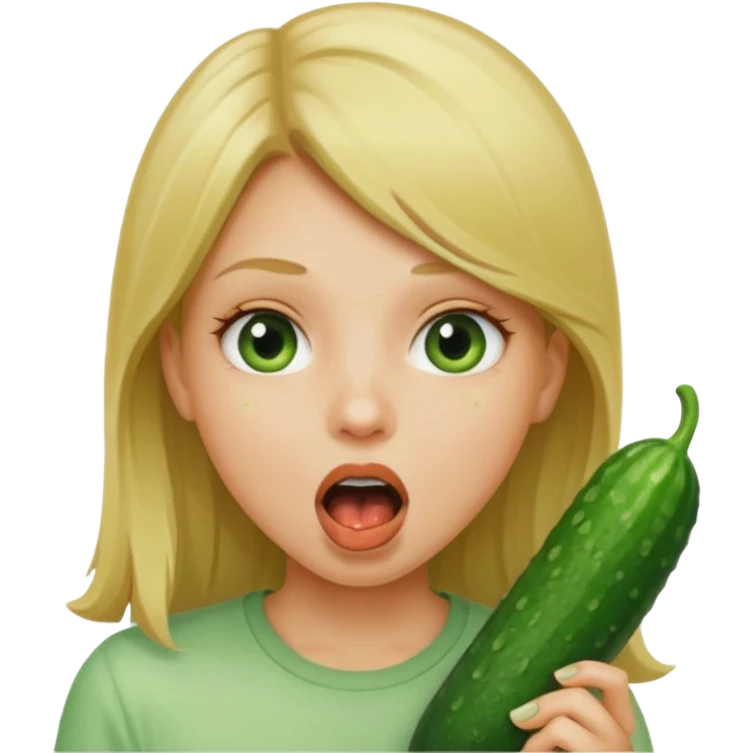 Girl mouth open. Cucumber going into her mouth straight up and down. dirty blonde hair emoji