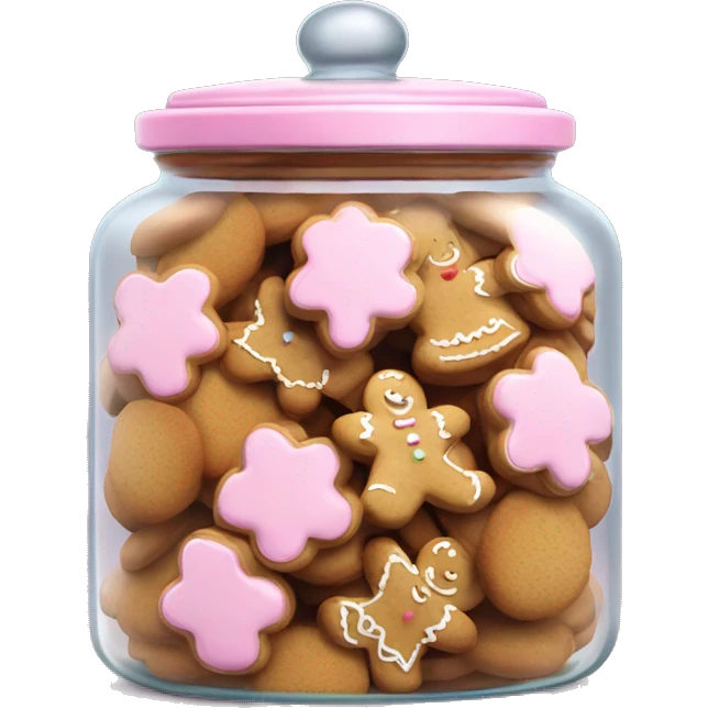 Realistic glass cookie jar with light pink lid full of gingerbread cookies isolated.  emoji