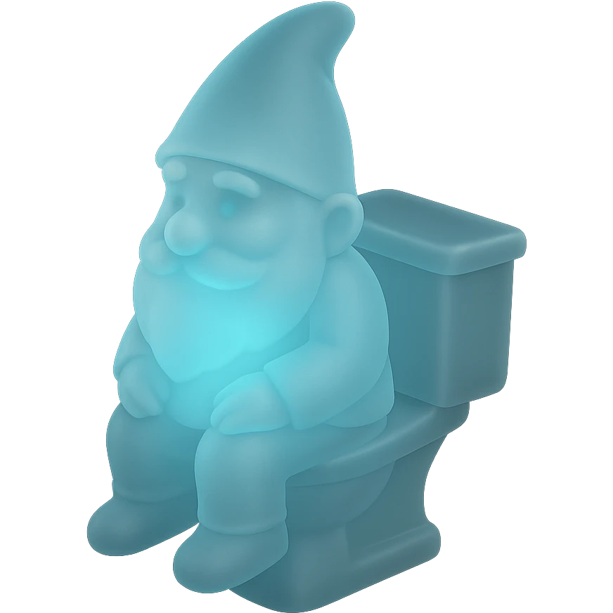 matte glass style gnome sitting on a toilet, magical glow, translucent effects emoji