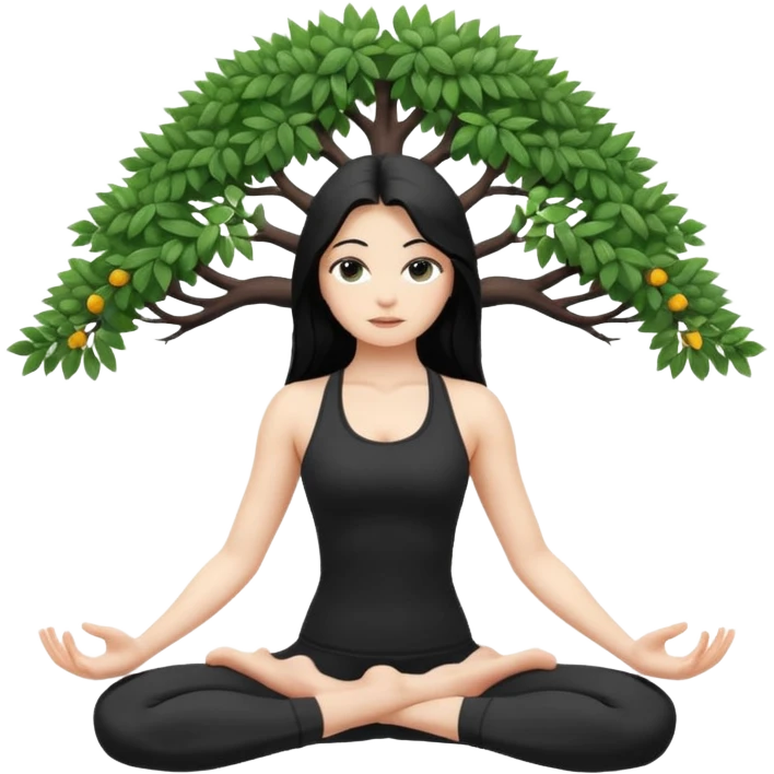 white girl with black long hair doing yoga tree postion emoji