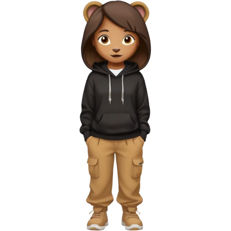 León tierno que sea mujer con pantalones guangos  y una sudadera negra con cabello suelto color castaño obscuro emoji