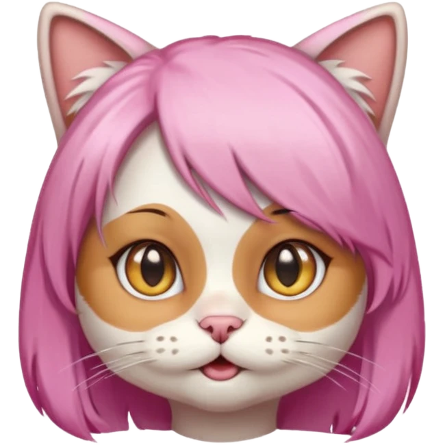calico cat wear pink hair wig, white T-shirt emoji