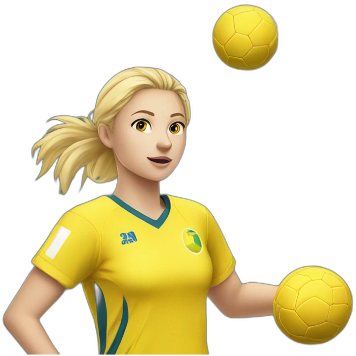 Teenage girl handball-yellow jersey-ball-blond hairs-shooting in goal emoji