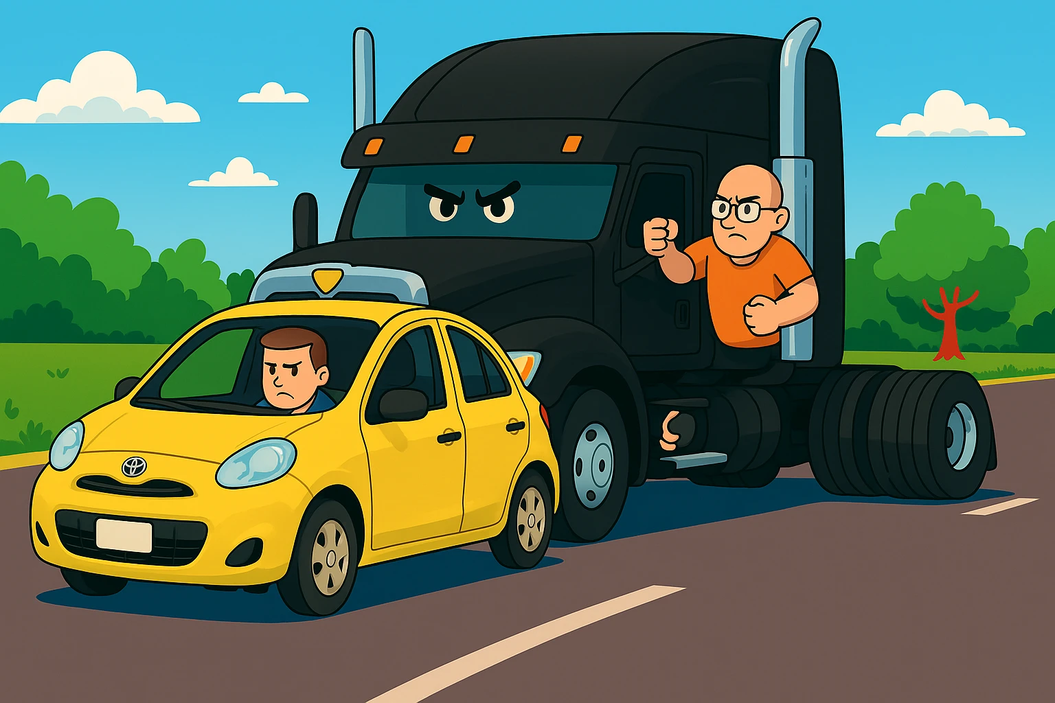 Make the driver of the black semi truck look angry, bald, wearing an orange shirt and glasses, with their arm out the window. Keep the scene bright and vibrant, with a person in the car in front. emoji