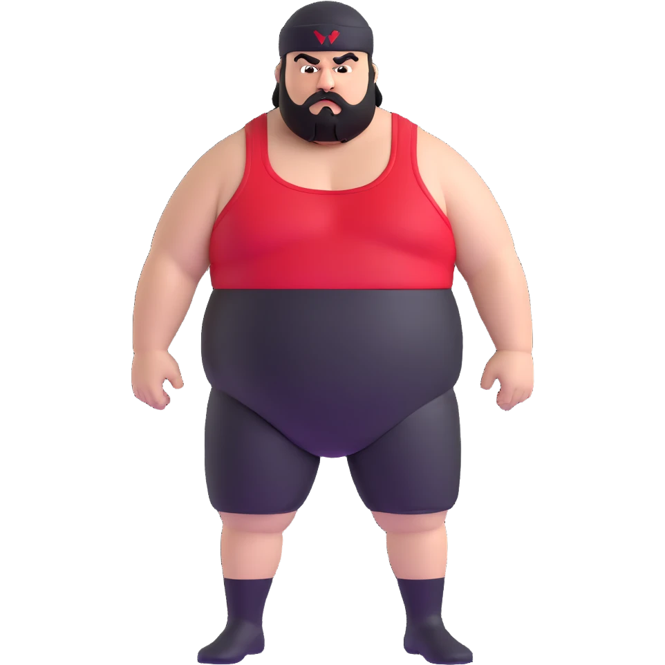 Extreme close-up of face of morbidly obese white skin guy with young face, prominent BLACK DURAG tied clearly on head, distinct black beard and mustache, black eyes in a red and black wrestling singlet with angry expression emoji