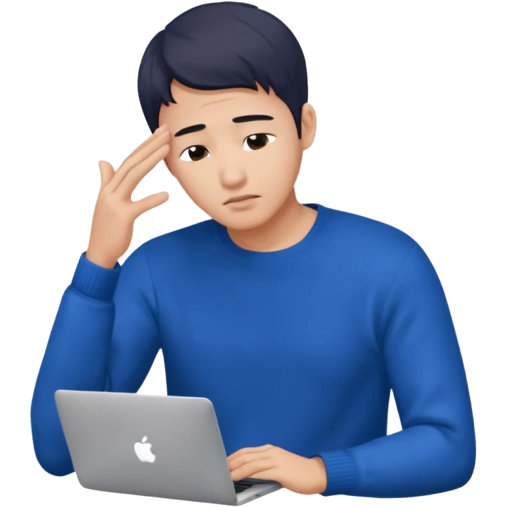 a asian handsome guy wearing a blue knit with white shirt, facepalming with only one hand, with a macbook, only upper body, high quality. more natural emoji