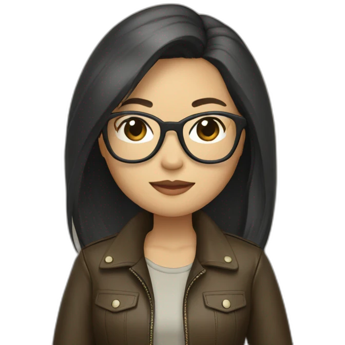 asian girl with glasses and a leather jacket with a  khaki shirt and long dark hair emoji