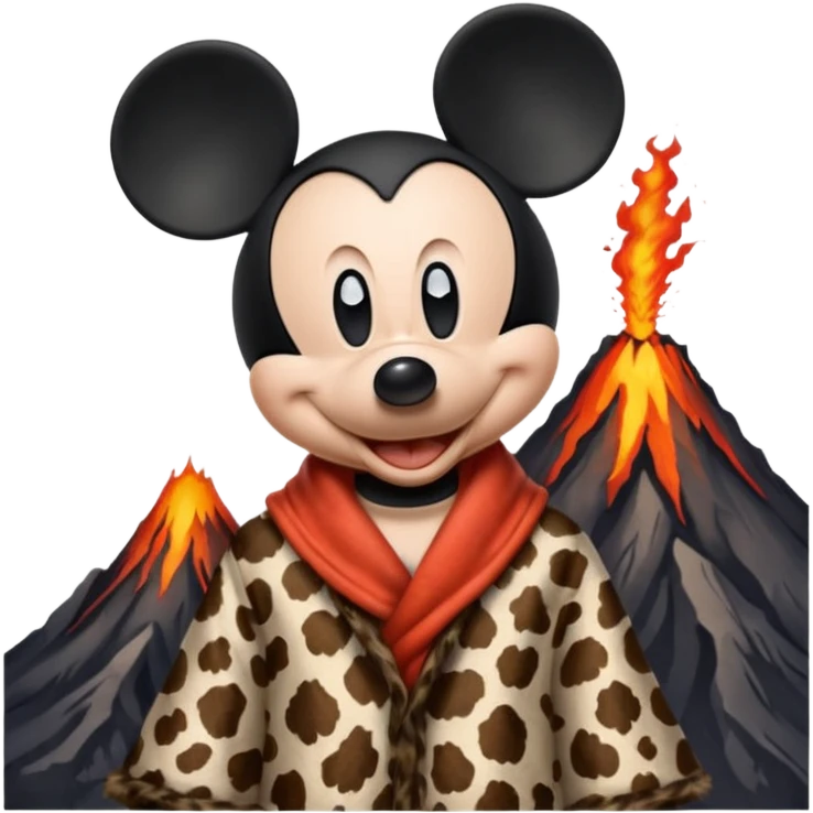 a mickey mouse wearing ancient animal skin cloth with volcano behind, half body, icon emoji