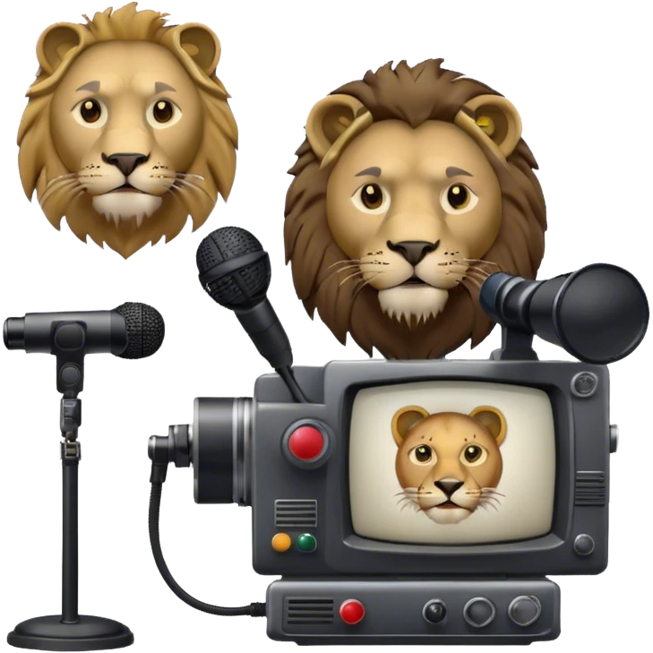 Icon for Documentary TV Show: A TV screen with a microphone, books, historical documents and scientific symbols. Include a roaring lion or other animal, interview setup with a camera and a serious-looking news anchor or narrator. Transparent background. emoji