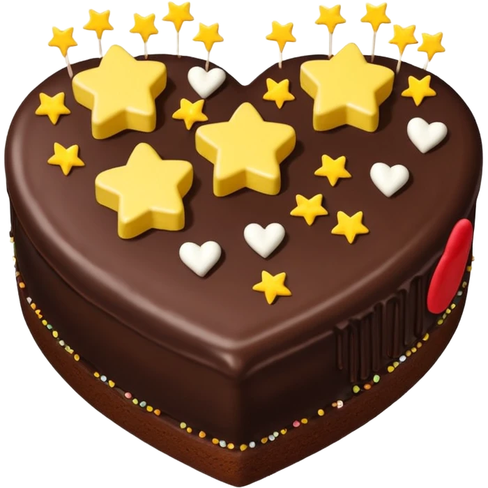 choclate cake heart with white icing on top in the shape of three u's, and yellow, teal, or green star sprinkles emoji