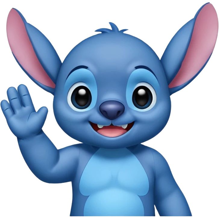 Stitch from Lilo & Stitch, mischievous grin, waving hand, blue color emoji