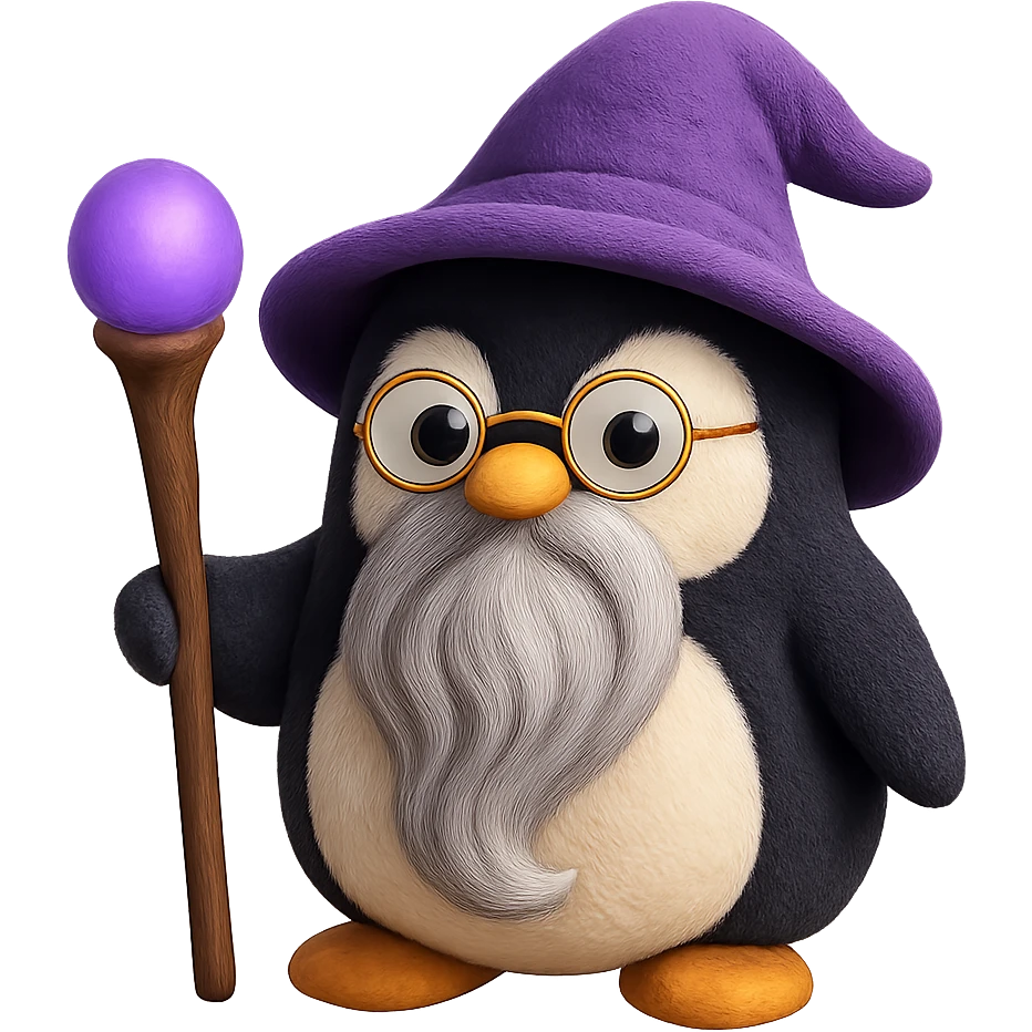 A penguin sorcerer with a flowing wizard beard, small round glasses, and a magical staff. The plush penguin has a soft, huggable appearance. emoji