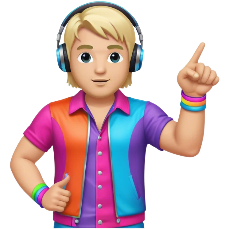 blond big man in colorful dj outfit pointing left emoji