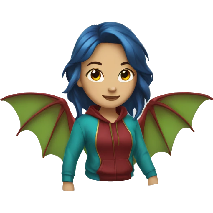 Lady with brunette and blue hair, gold, green dragon wings, maroon hoodie, and bright red eyes emoji