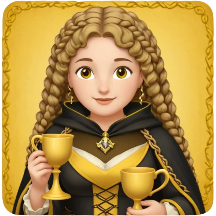 Helga Hufflepuff, 2 curly thick brown braids, yellow-black medieval dress, black cloak decorated with gold braiding, tiny two-handled shiny yellow-gold cup, very kind smile, curvy busty sweet woman, thick rosy cheeks emoji