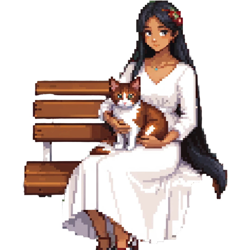 beautiful girl with long black hair in a white dress holding an Abyssinian cat with reddish-brown fur, sitting on a bench emoji